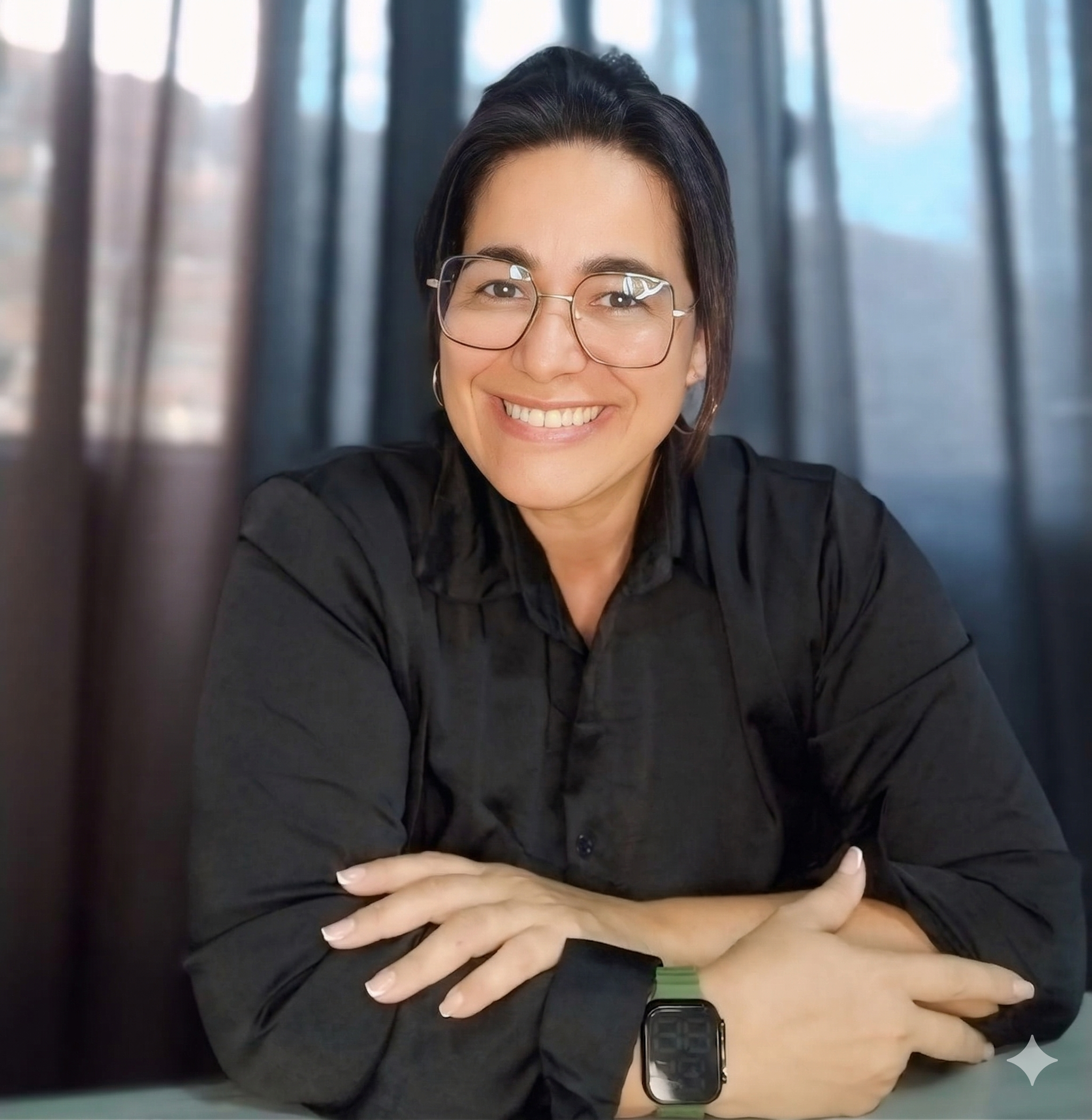 Elenilza Bezerra sorrindo, em ambiente de atendimento profissional